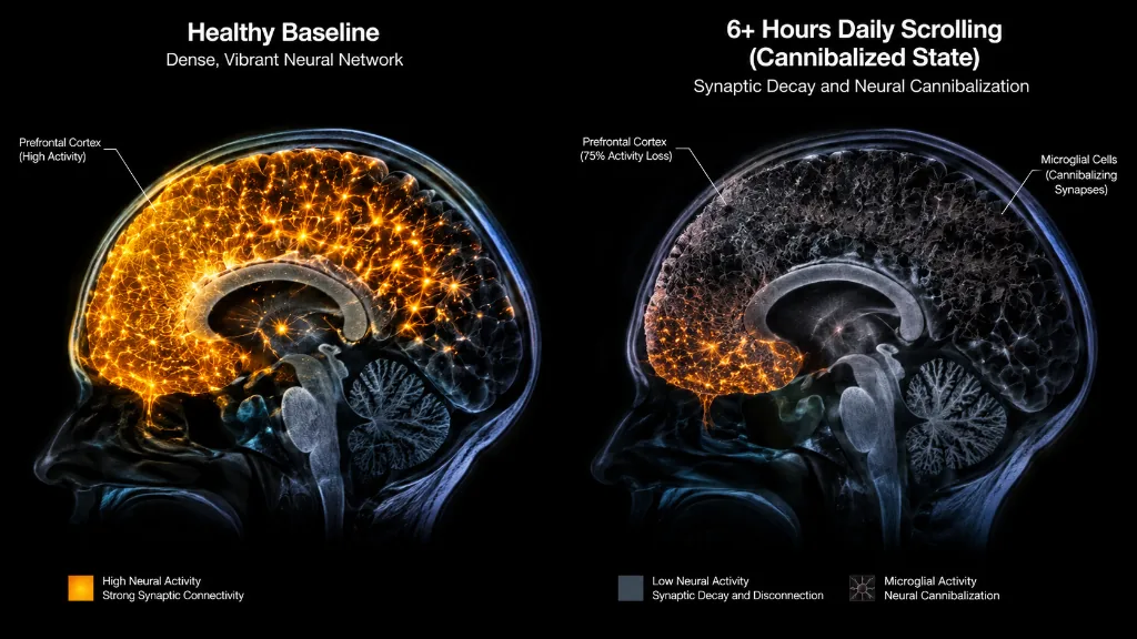 Healthy brain vs 6+ hours scrolling cannibalized brain scan
