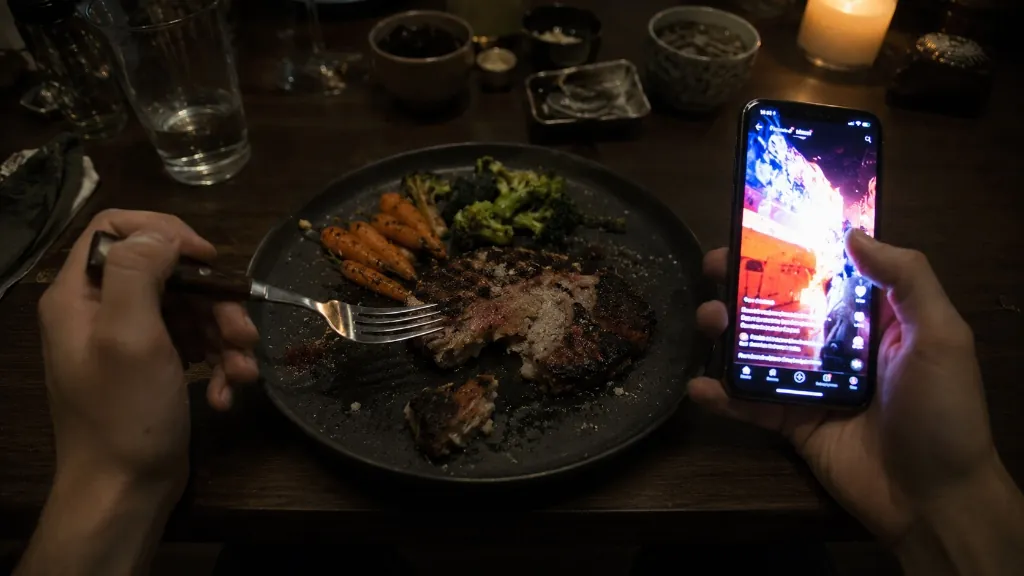 Cold dinner plate with hand holding fork abandoned while phone scrolls
