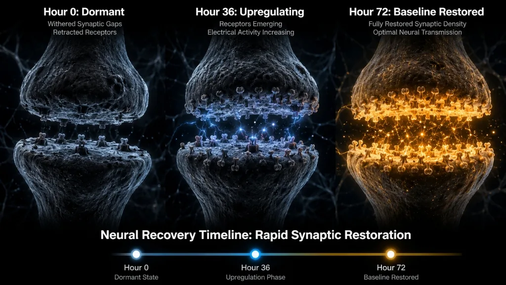 Neural recovery timeline: Hour 0 dormant, Hour 36 upregulating, Hour 72 baseline restored