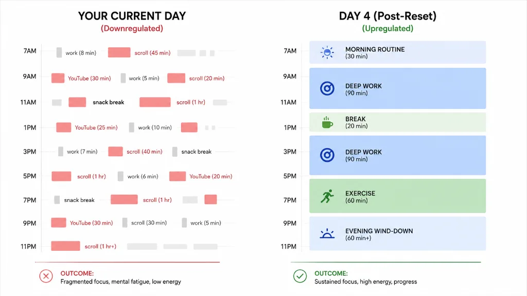Daily timeline comparison: fragmented vs focused